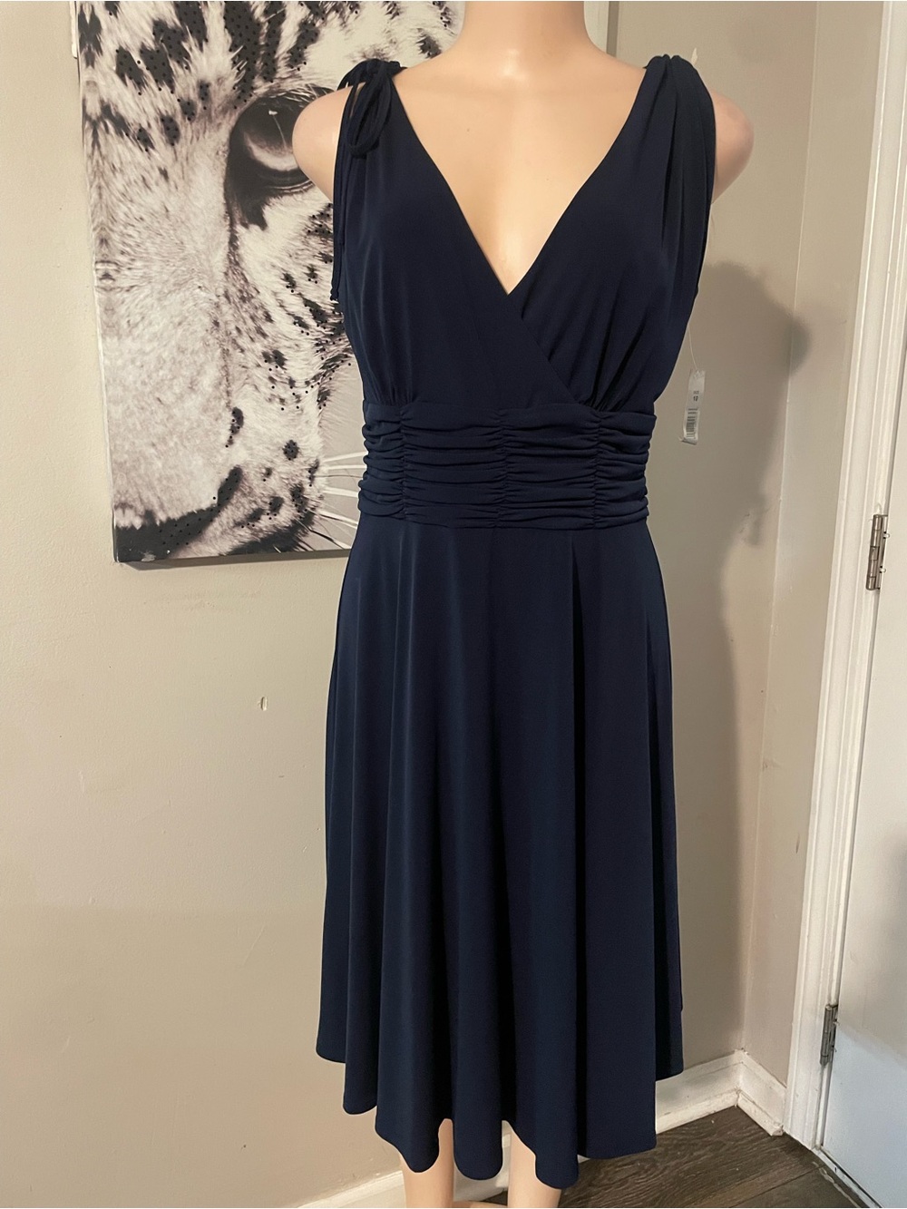 New Sleeveless Navy V-Neck Ruched Waist Midi Dress Aline sailor woman’s size 10